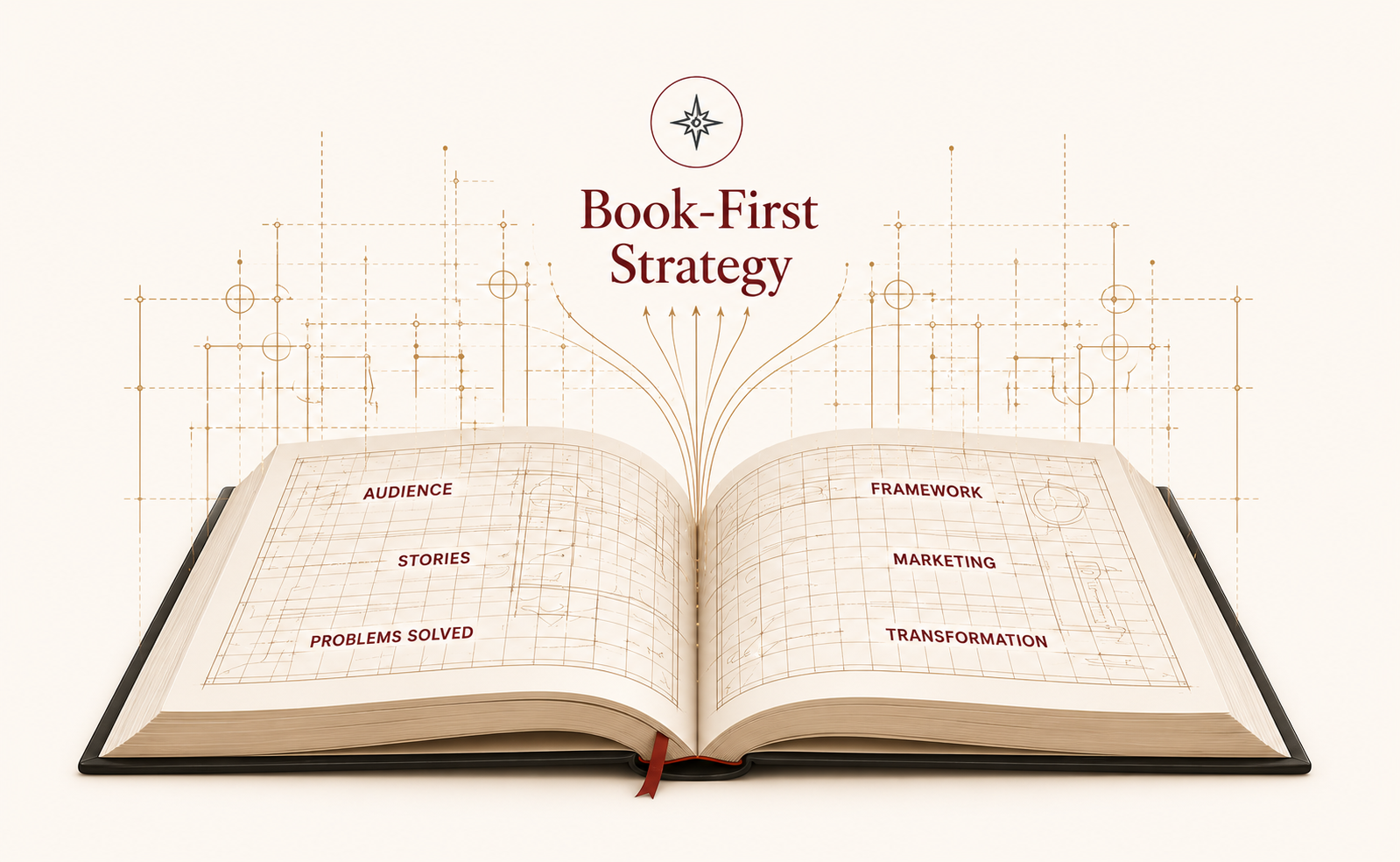 An open book as a blueprint, with pages labeled Audience, Stories, Problems Solved, Framework, Marketing, and Transformation, and a compass star above the title Book-First Strategy.