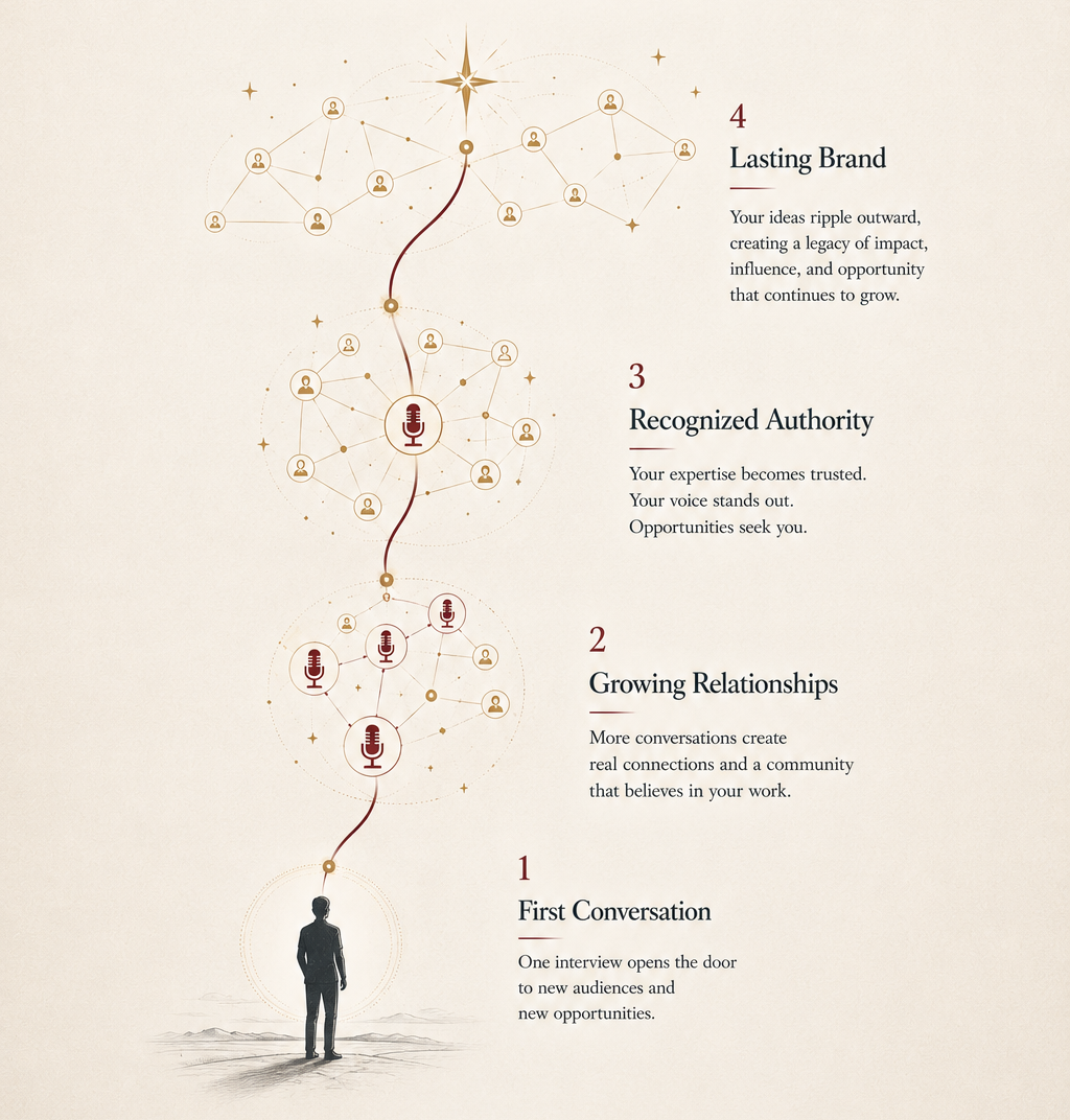 A visual progression from first conversation to lasting brand: a figure stands at the base as a path rises through microphones, growing networks, and a final constellation around a north star. Let the constellation continue expanding beyond the visible composition to symbolize authority that compounds over time.